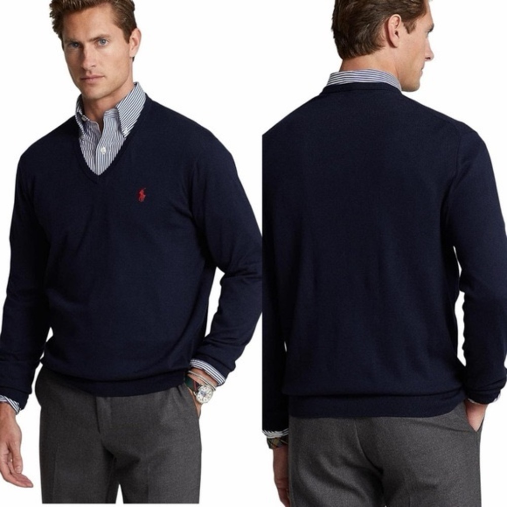 Polo Ralph Lauren Hunter Navy V-Neck 100% Pima Cotton Pullover Sweater Men’s L